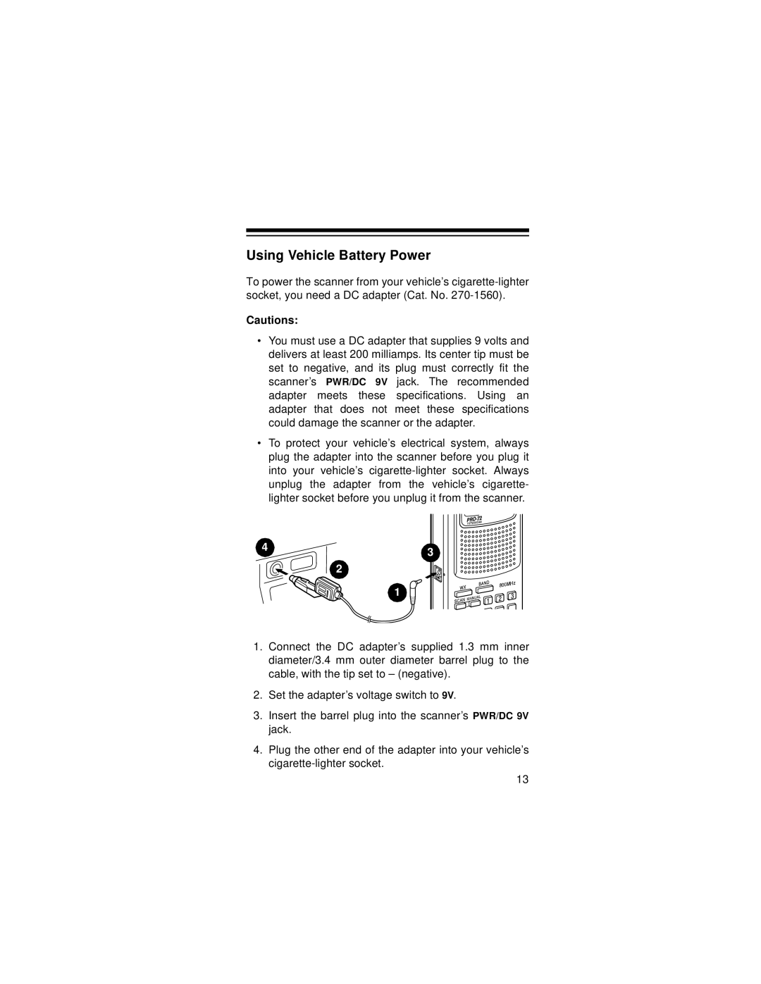 Radio Shack PRO-72 owner manual Using Vehicle Battery Power 