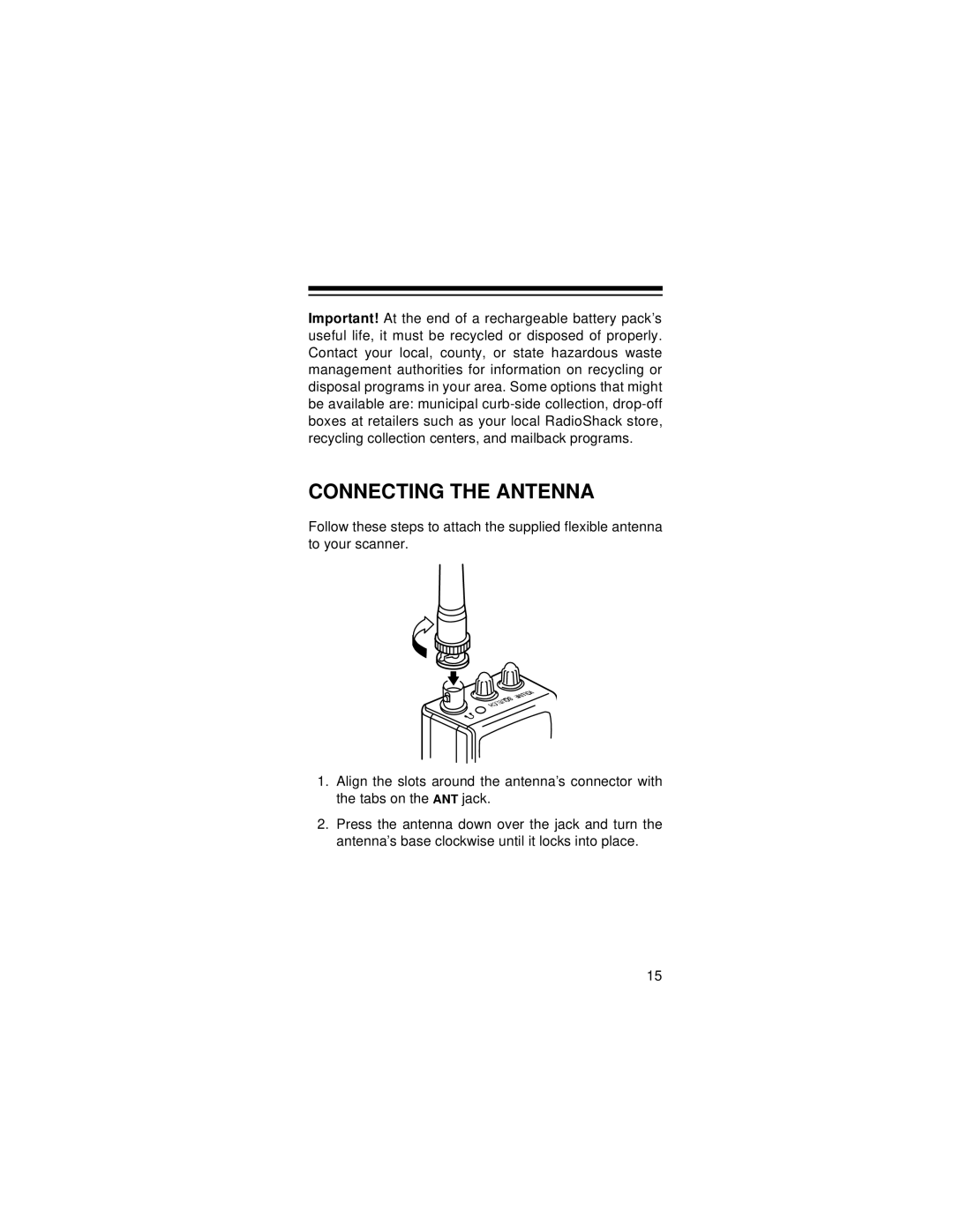 Radio Shack PRO-72 owner manual Connecting the Antenna 