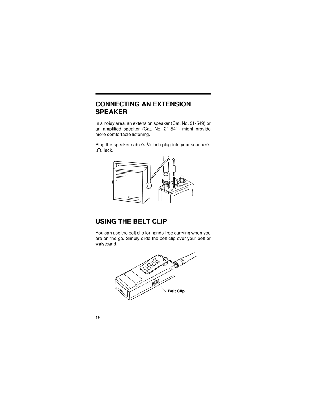 Radio Shack PRO-72 owner manual Connecting AN Extension Speaker, Using the Belt Clip 