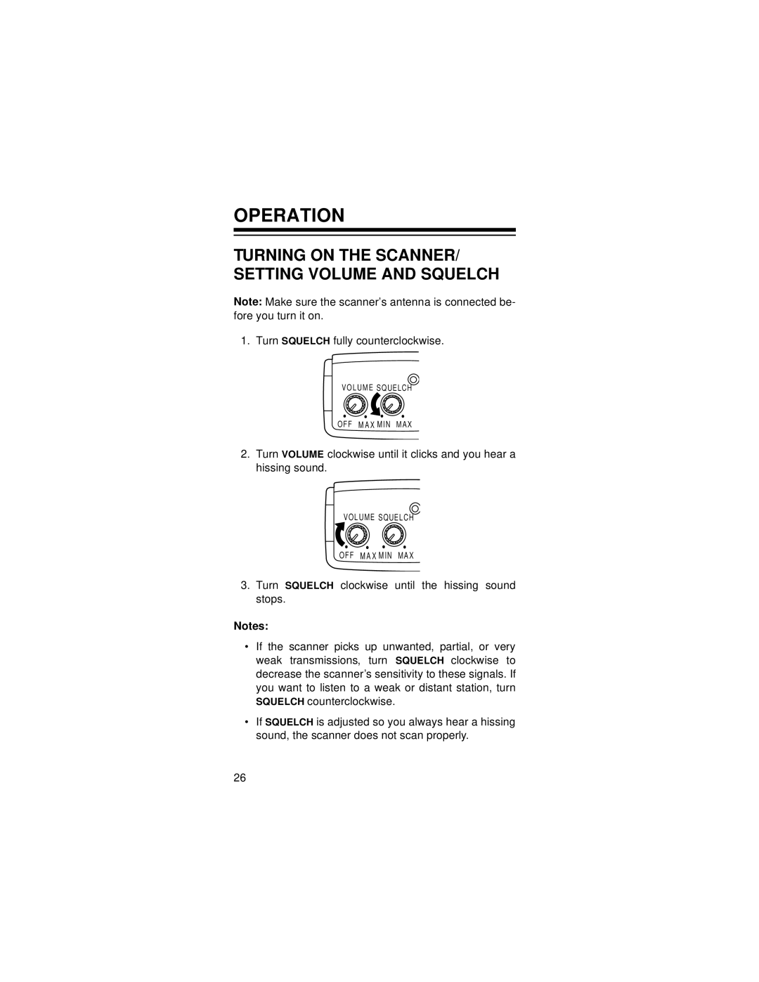 Radio Shack PRO-72 owner manual Operation, Turning on the SCANNER/ Setting Volume and Squelch 