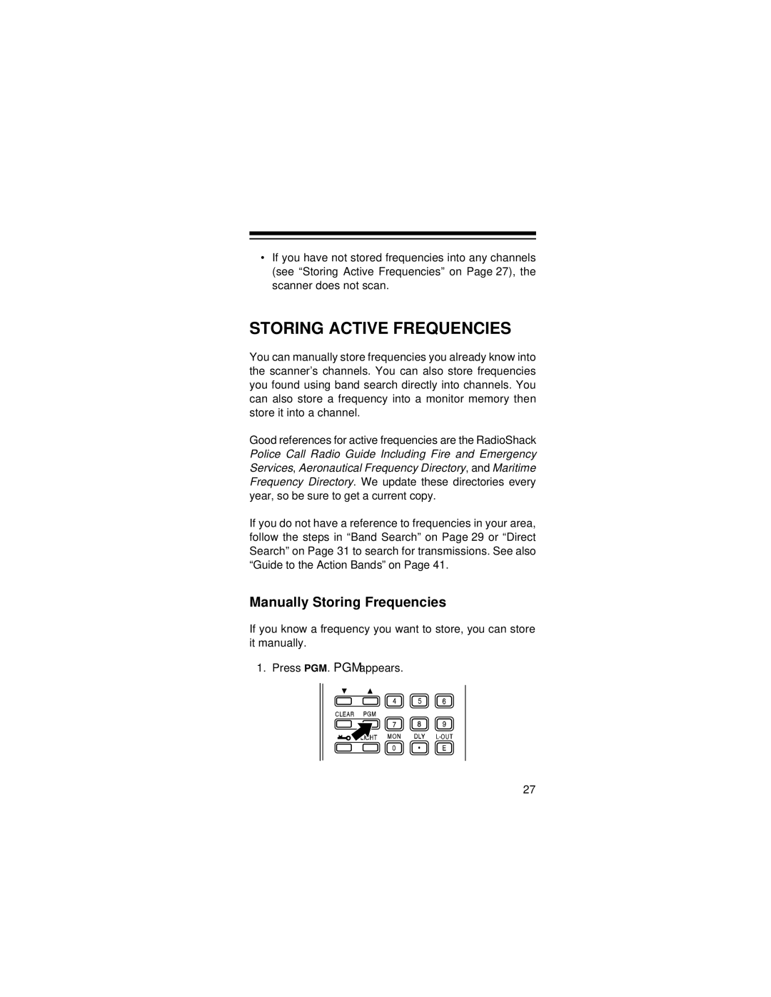 Radio Shack PRO-72 owner manual Storing Active Frequencies, Manually Storing Frequencies 