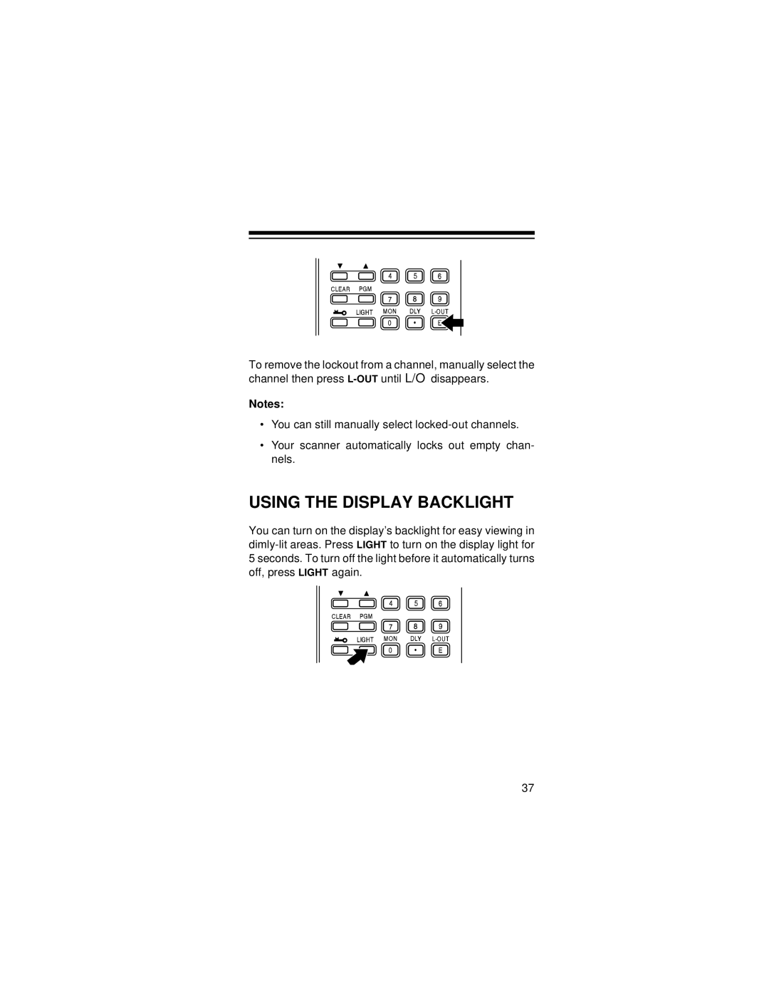 Radio Shack PRO-72 owner manual Using the Display Backlight 