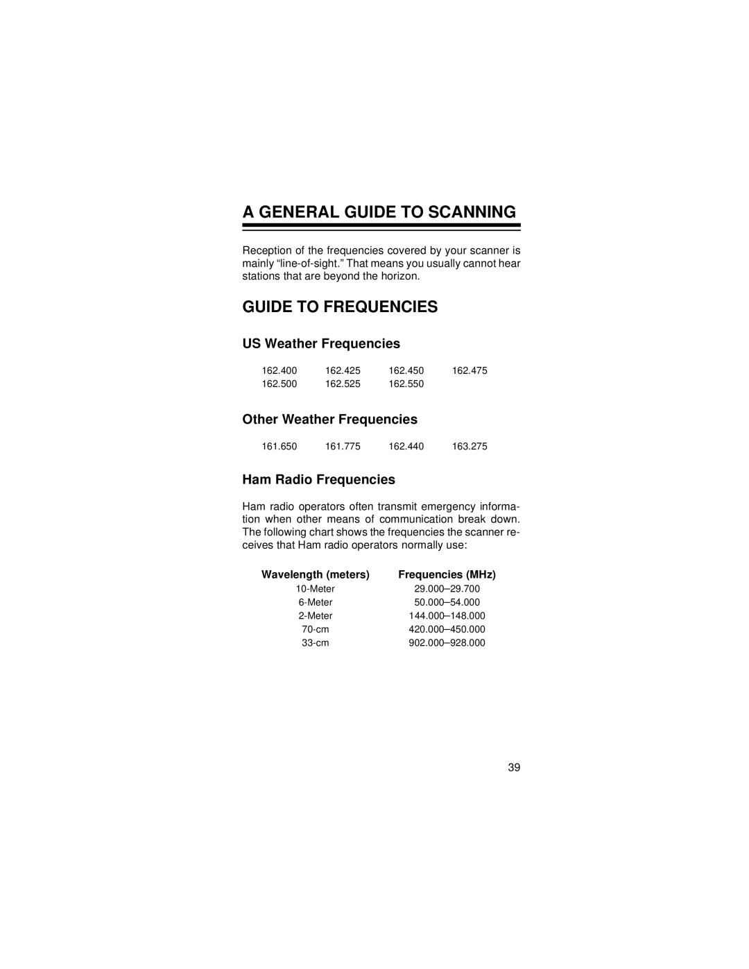 Radio Shack PRO-72 Guide to Frequencies, US Weather Frequencies, Other Weather Frequencies, Ham Radio Frequencies 