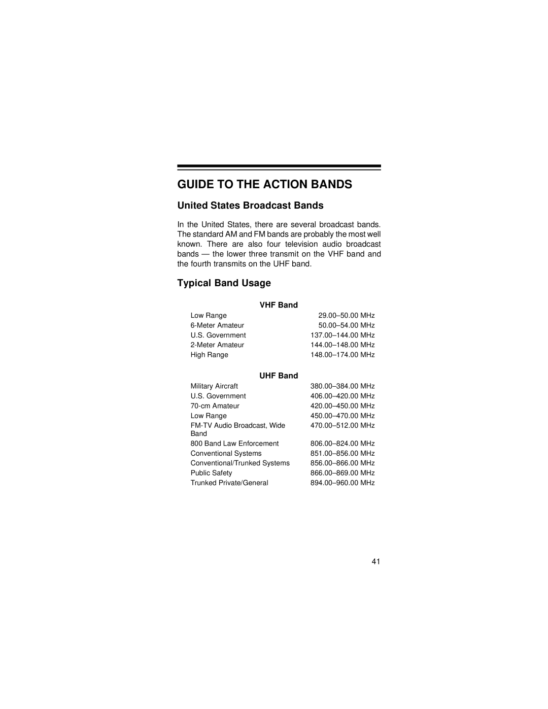 Radio Shack PRO-72 Guide to the Action Bands, United States Broadcast Bands, Typical Band Usage, VHF Band, UHF Band 