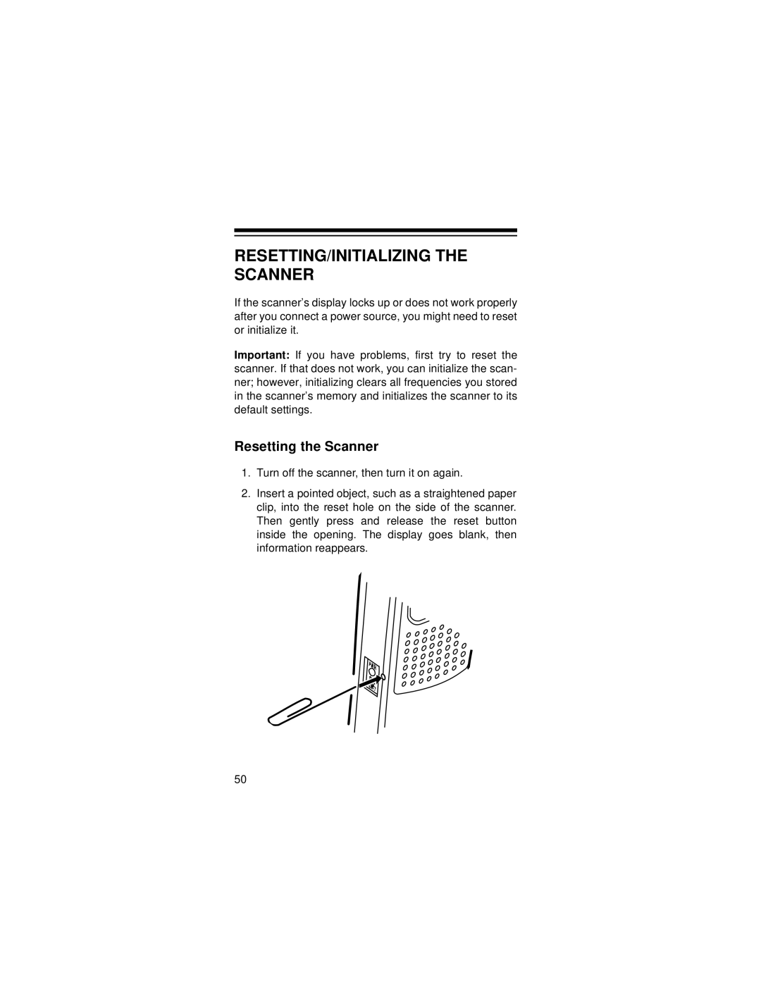 Radio Shack PRO-72 owner manual RESETTING/INITIALIZING the Scanner, Resetting the Scanner 