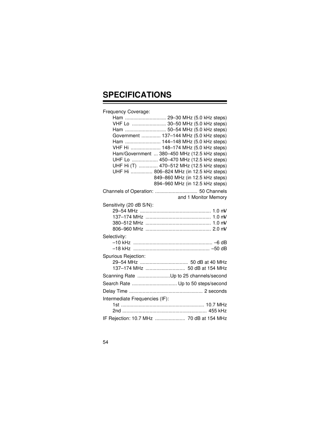 Radio Shack PRO-72 owner manual Specifications 