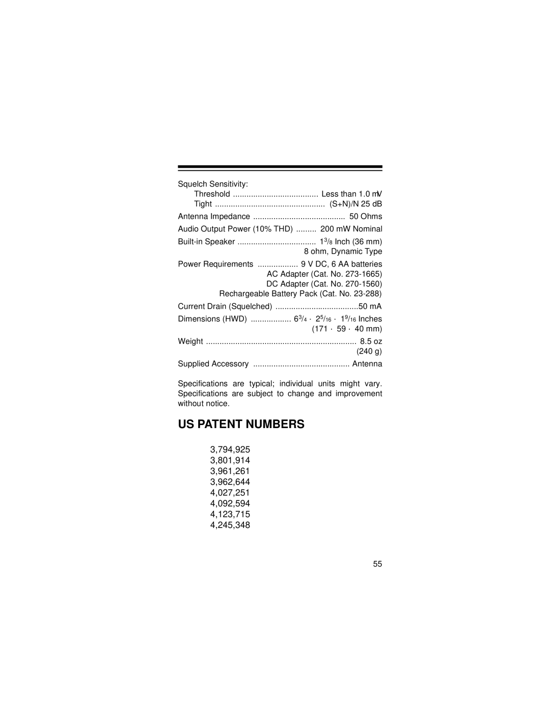 Radio Shack PRO-72 owner manual US Patent Numbers 