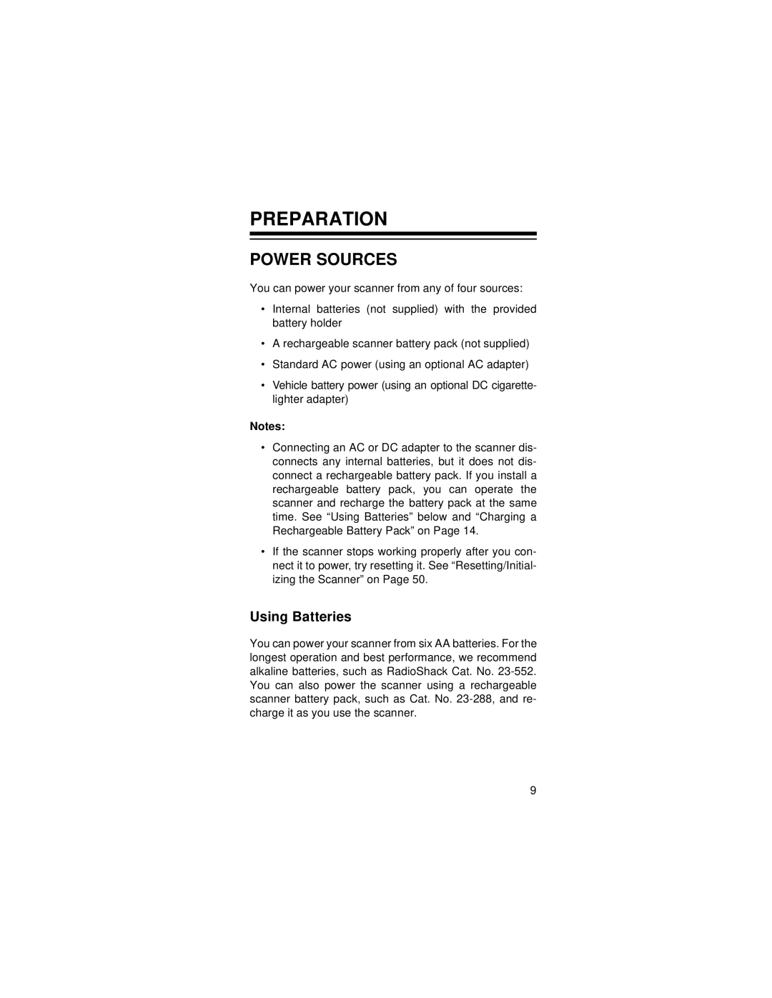 Radio Shack PRO-72 owner manual Preparation, Power Sources, Using Batteries 