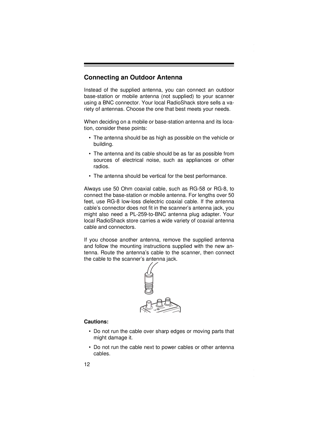 Radio Shack PRO-79 owner manual Connecting an Outdoor Antenna 