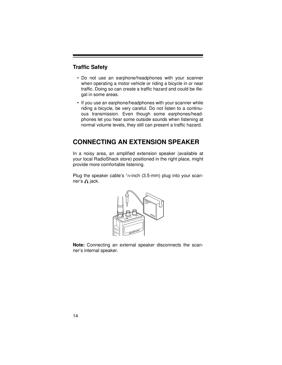 Radio Shack PRO-79 owner manual Connecting AN Extension Speaker, Traffic Safety 