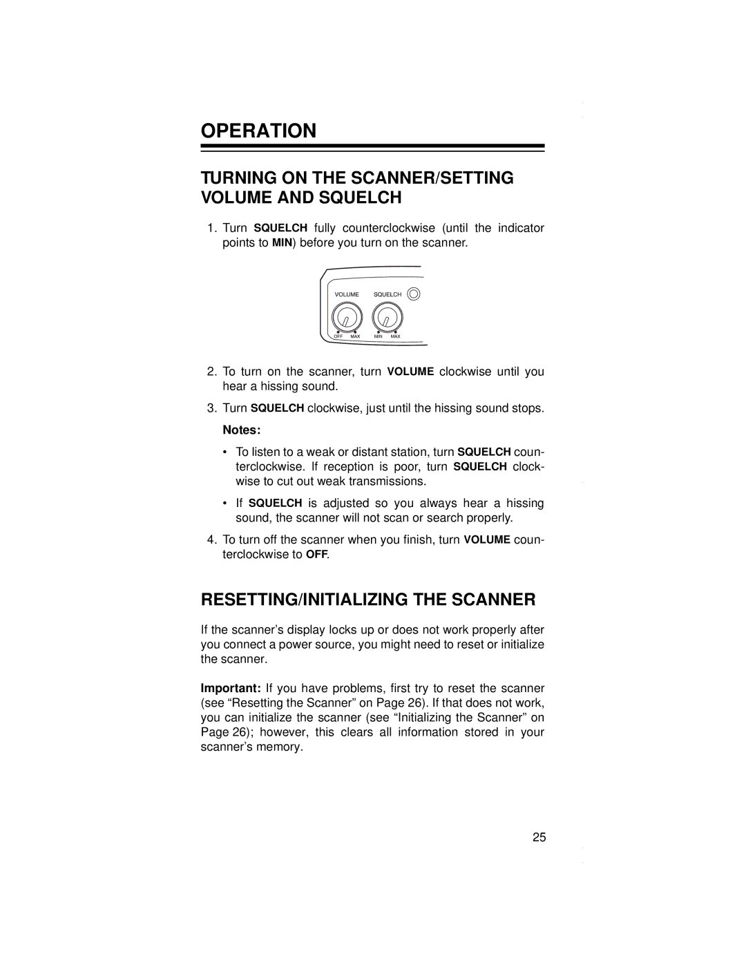 Radio Shack PRO-79 owner manual Operation, RESETTING/INITIALIZING the Scanner 