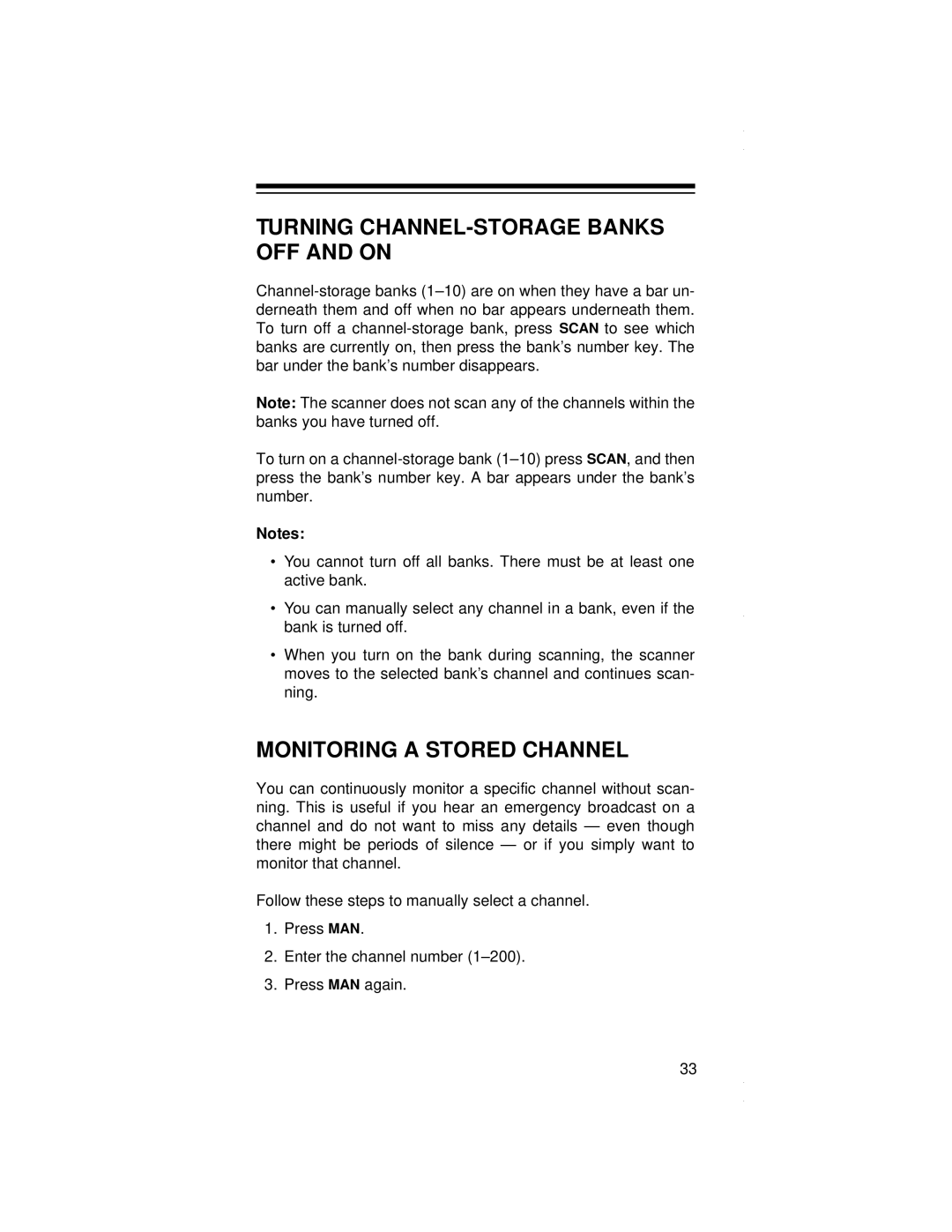 Radio Shack PRO-79 owner manual Turning CHANNEL-STORAGE Banks OFF and on, Monitoring a Stored Channel 