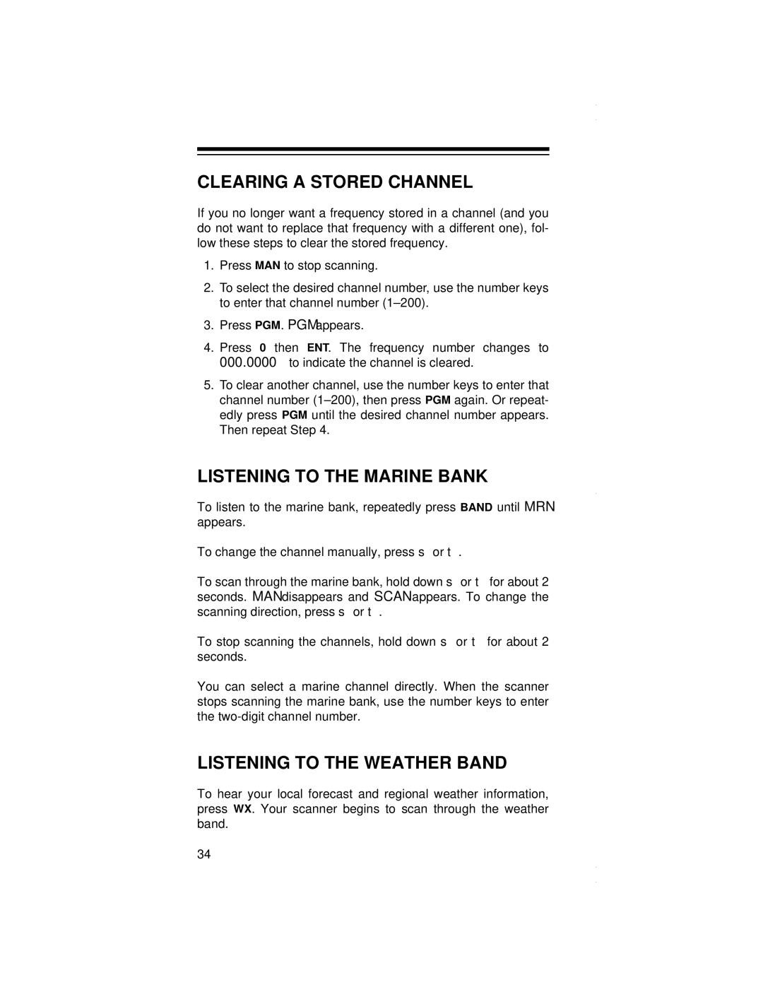 Radio Shack PRO-79 owner manual Clearing a Stored Channel, Listening to the Marine Bank, Listening to the Weather Band 