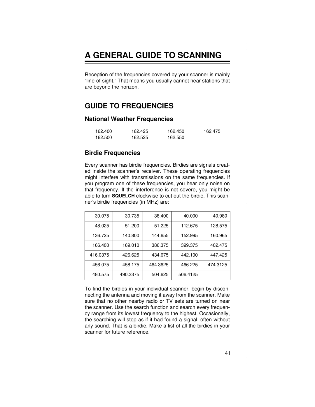 Radio Shack PRO-79 General Guide to Scanning, Guide to Frequencies, National Weather Frequencies, Birdie Frequencies 