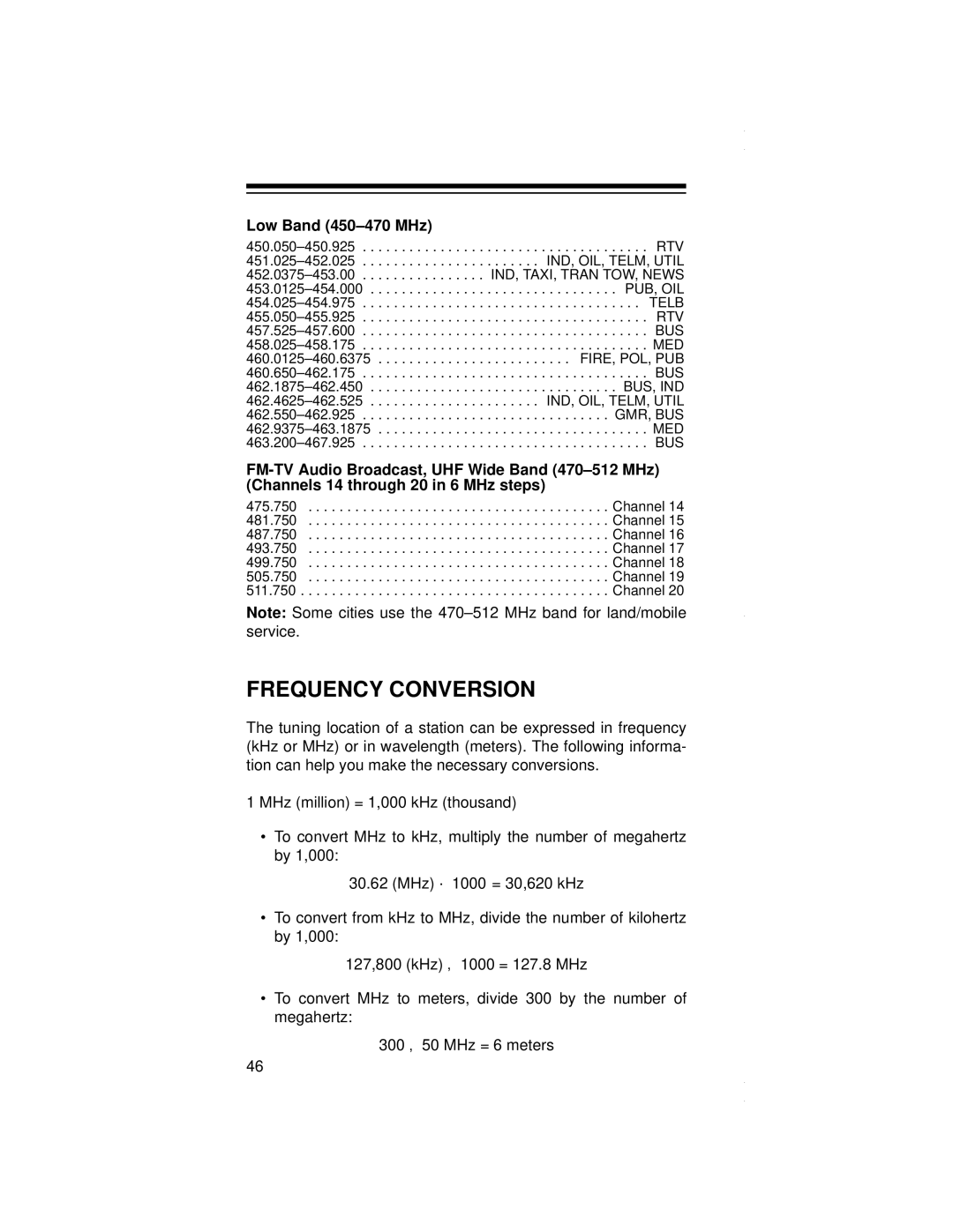 Radio Shack PRO-79 owner manual Frequency Conversion, Low Band 450-470 MHz 