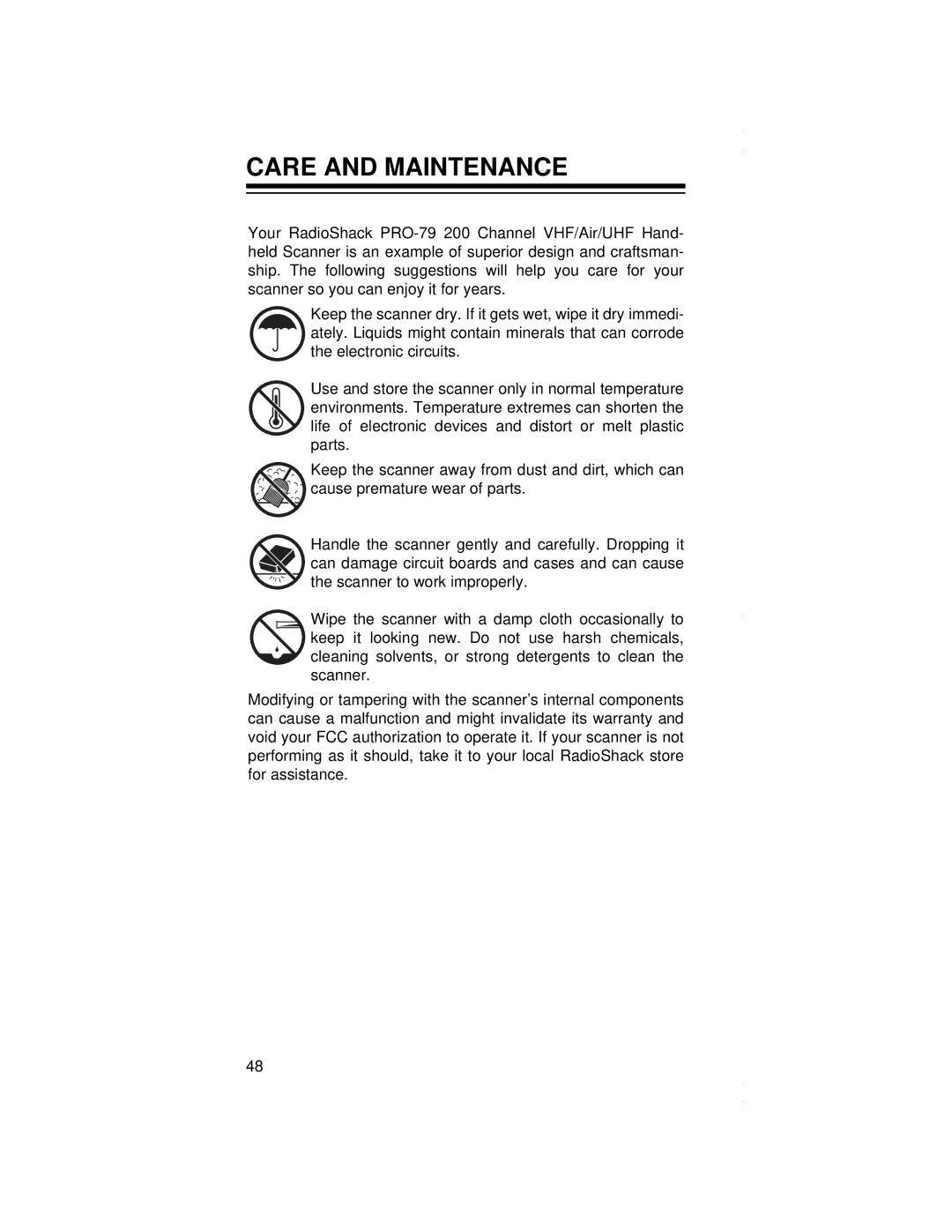 Radio Shack PRO-79 owner manual Care and Maintenance 