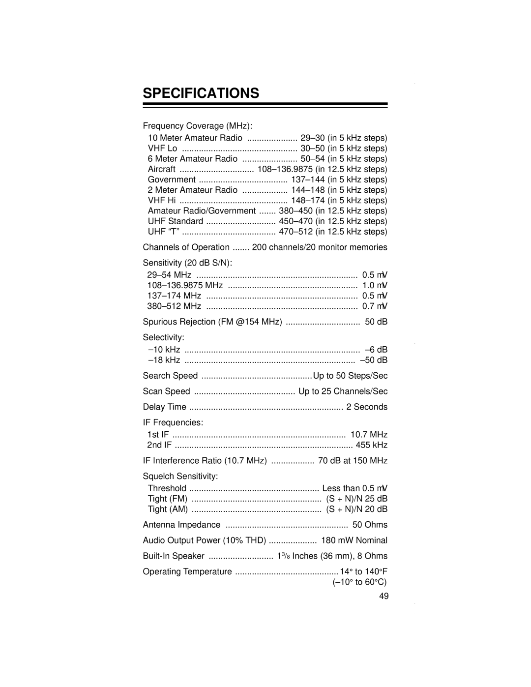 Radio Shack PRO-79 owner manual Specifications 