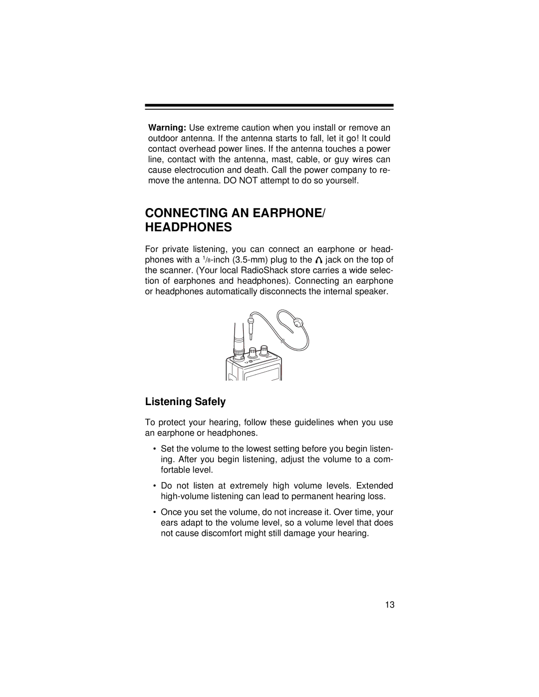 Radio Shack PRO-79 owner manual Connecting AN Earphone Headphones, Listening Safely 