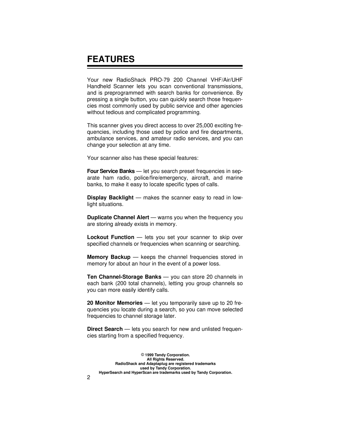 Radio Shack PRO-79 owner manual Features 