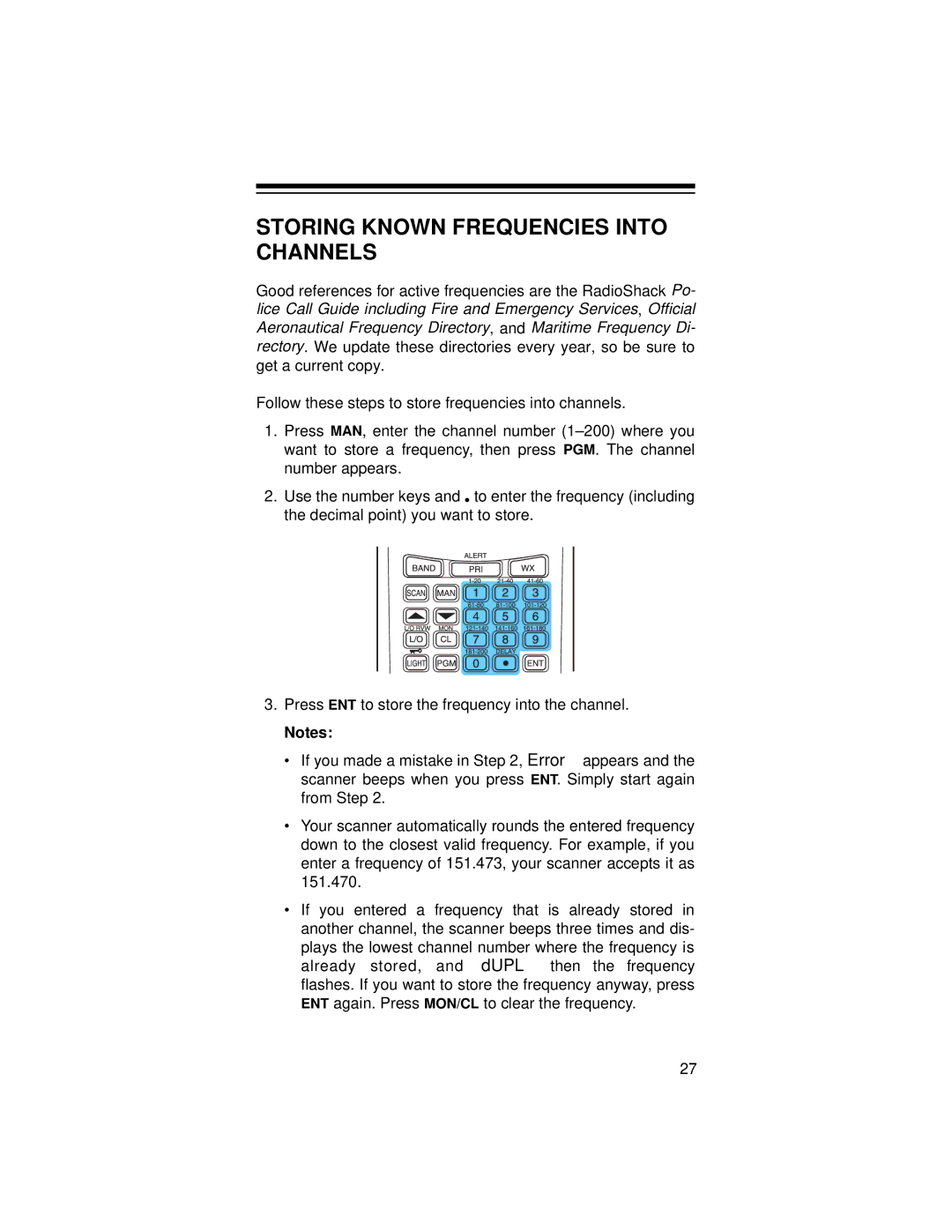 Radio Shack PRO-79 owner manual Storing Known Frequencies Into Channels 