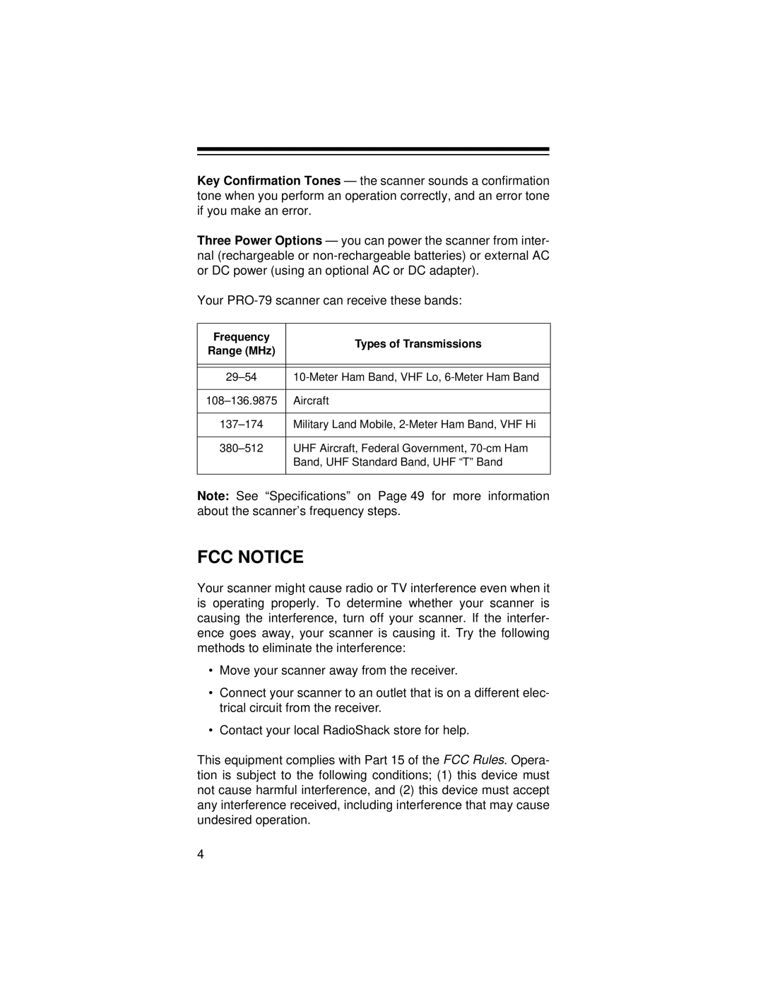 Radio Shack PRO-79 owner manual FCC Notice, Frequency Types of Transmissions Range MHz 