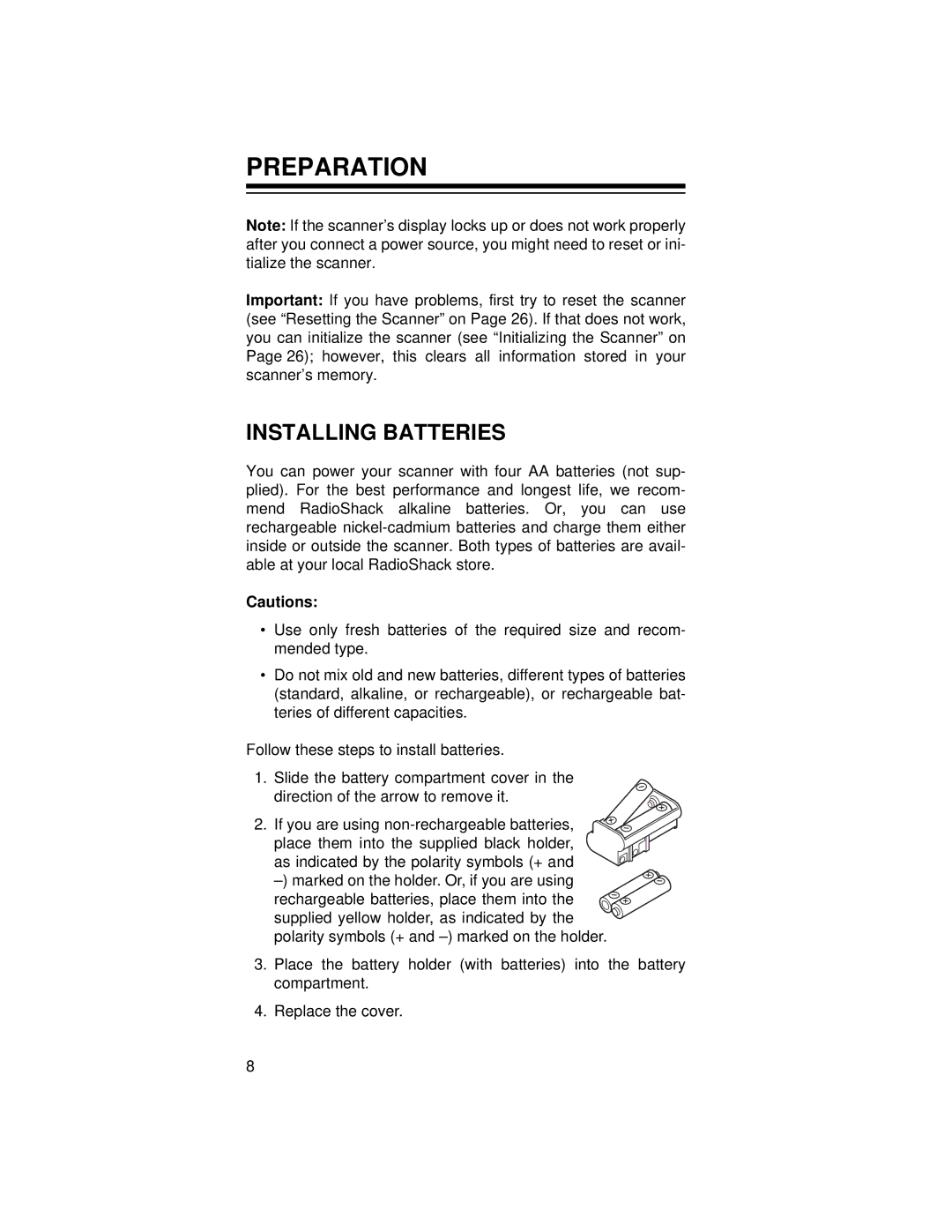 Radio Shack PRO-79 owner manual Preparation, Installing Batteries 