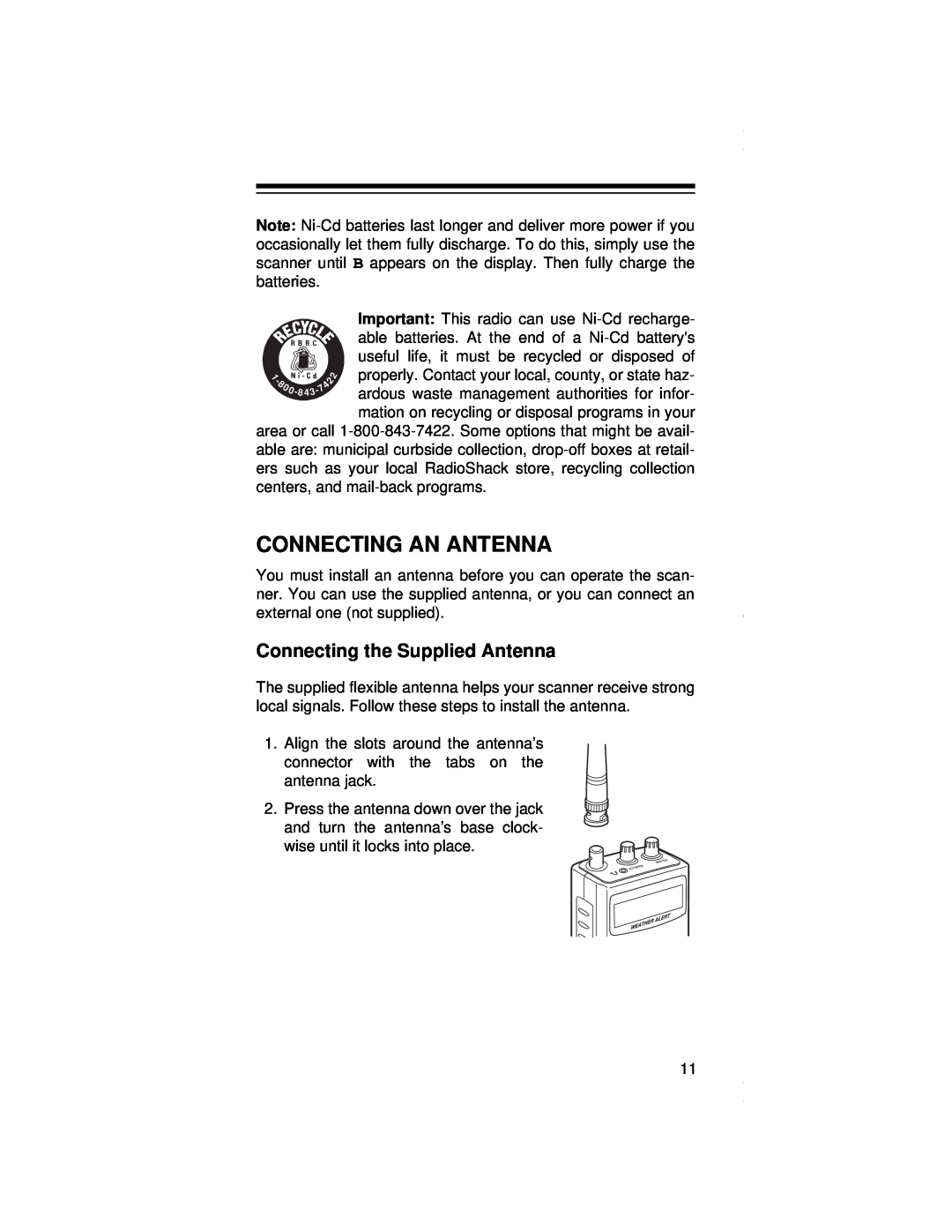 Radio Shack PRO-79 owner manual Connecting An Antenna, Connecting the Supplied Antenna 