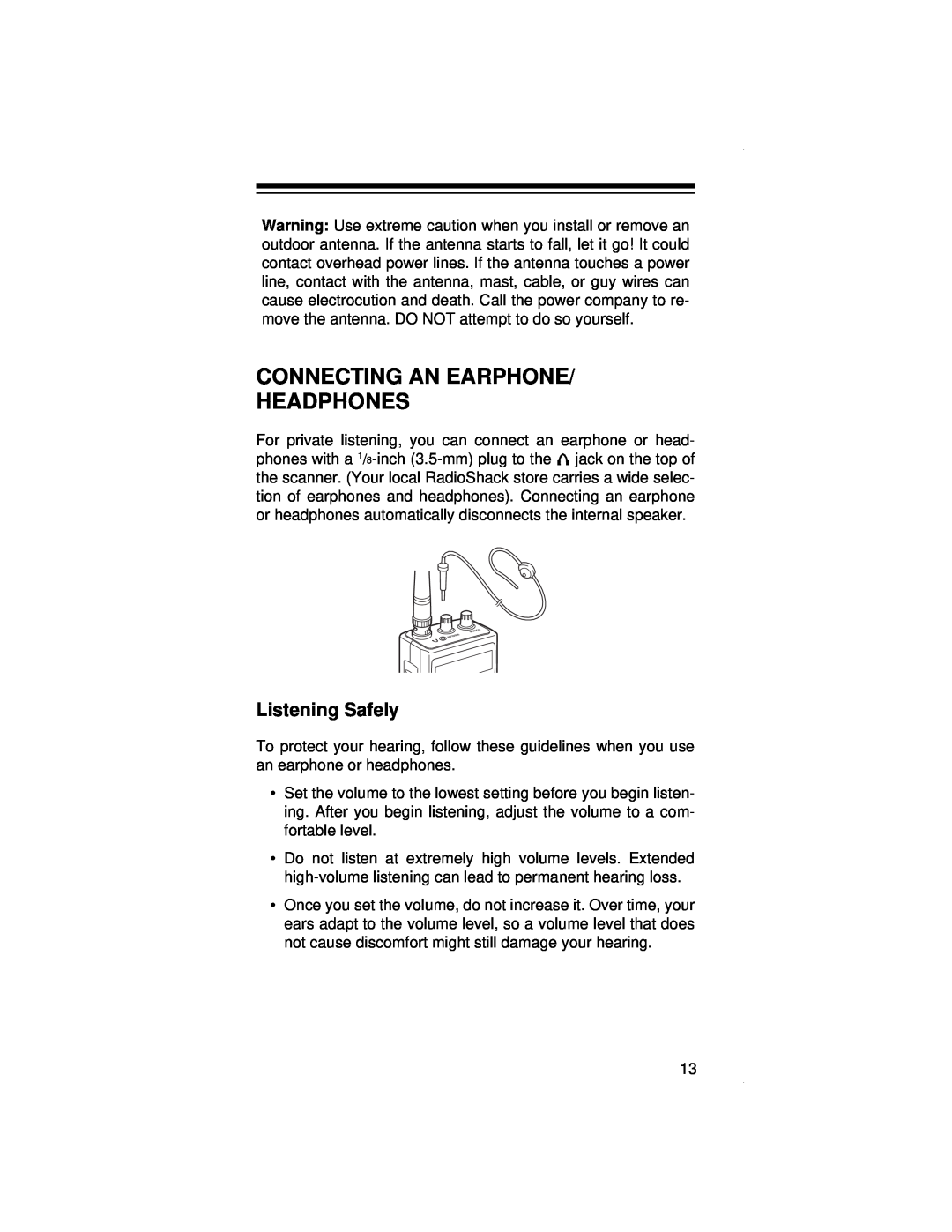 Radio Shack PRO-79 owner manual Connecting An Earphone Headphones, Listening Safely 