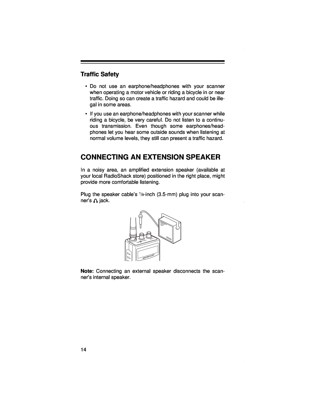 Radio Shack PRO-79 owner manual Connecting An Extension Speaker, Traffic Safety 