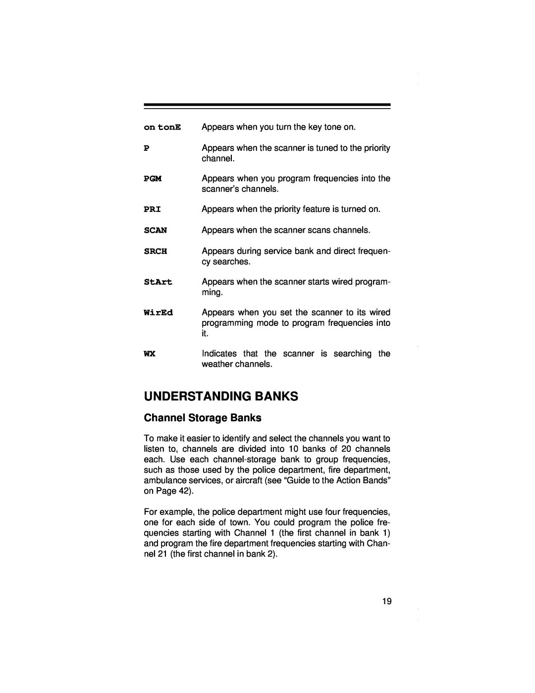 Radio Shack PRO-79 owner manual Understanding Banks, Channel Storage Banks, Scan, Srch, StArt, WirEd 