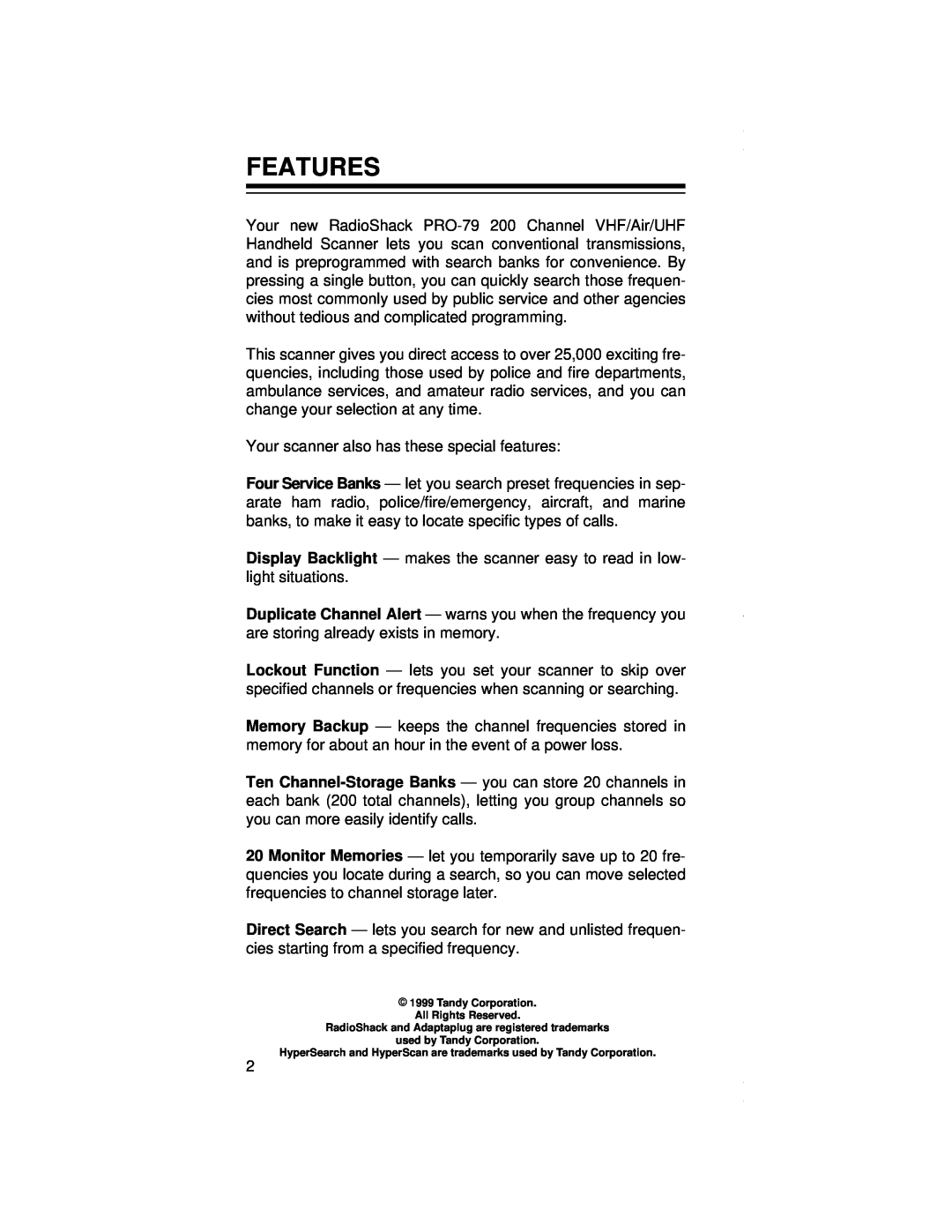 Radio Shack PRO-79 owner manual Features 