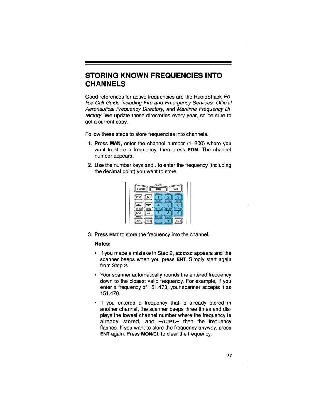Radio Shack PRO-79 owner manual Storing Known Frequencies Into Channels 