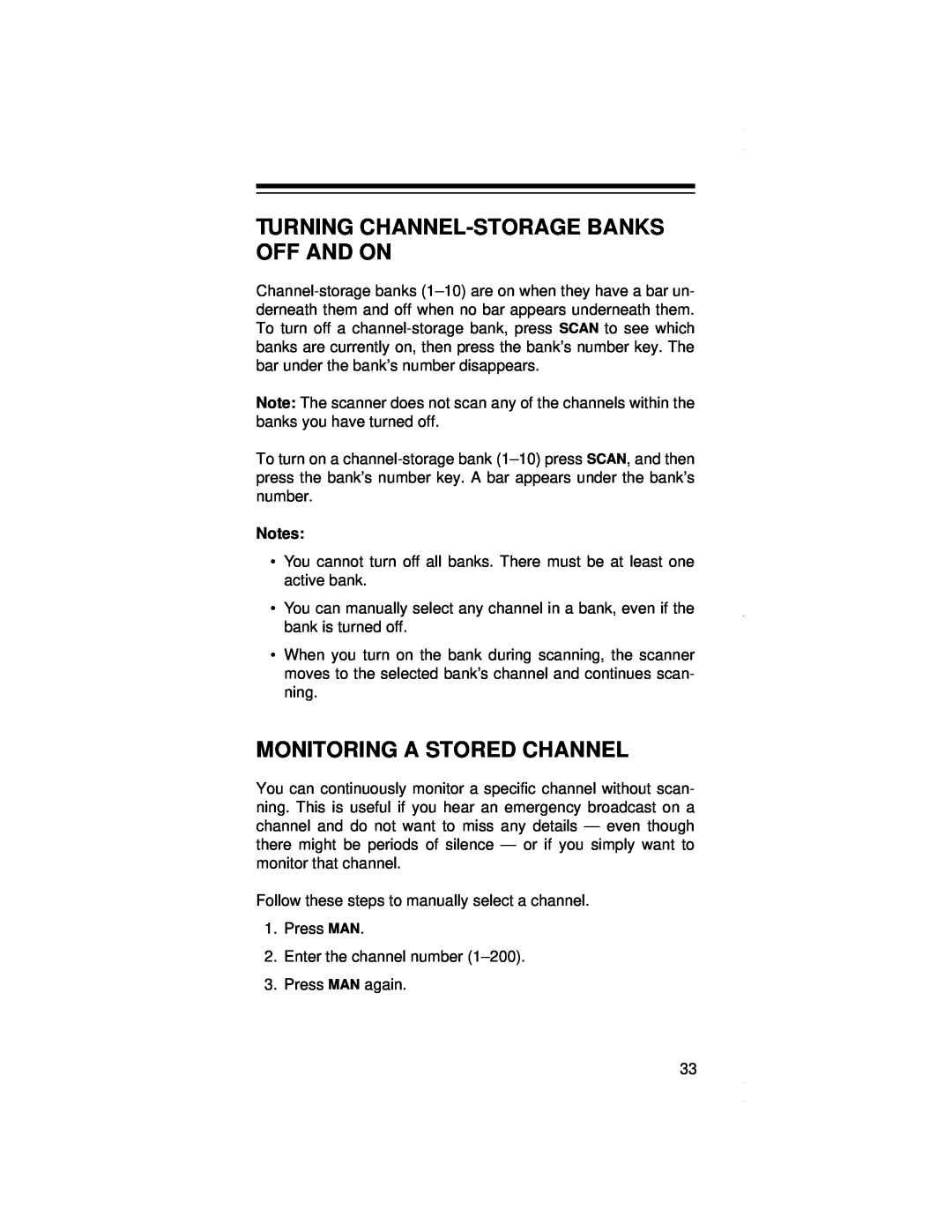 Radio Shack PRO-79 owner manual Turning Channel-Storage Banks Off And On, Monitoring A Stored Channel 