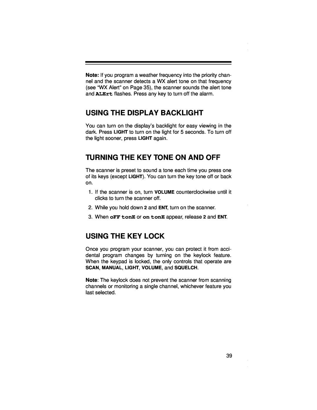 Radio Shack PRO-79 owner manual Using The Display Backlight, Turning The Key Tone On And Off, Using The Key Lock 