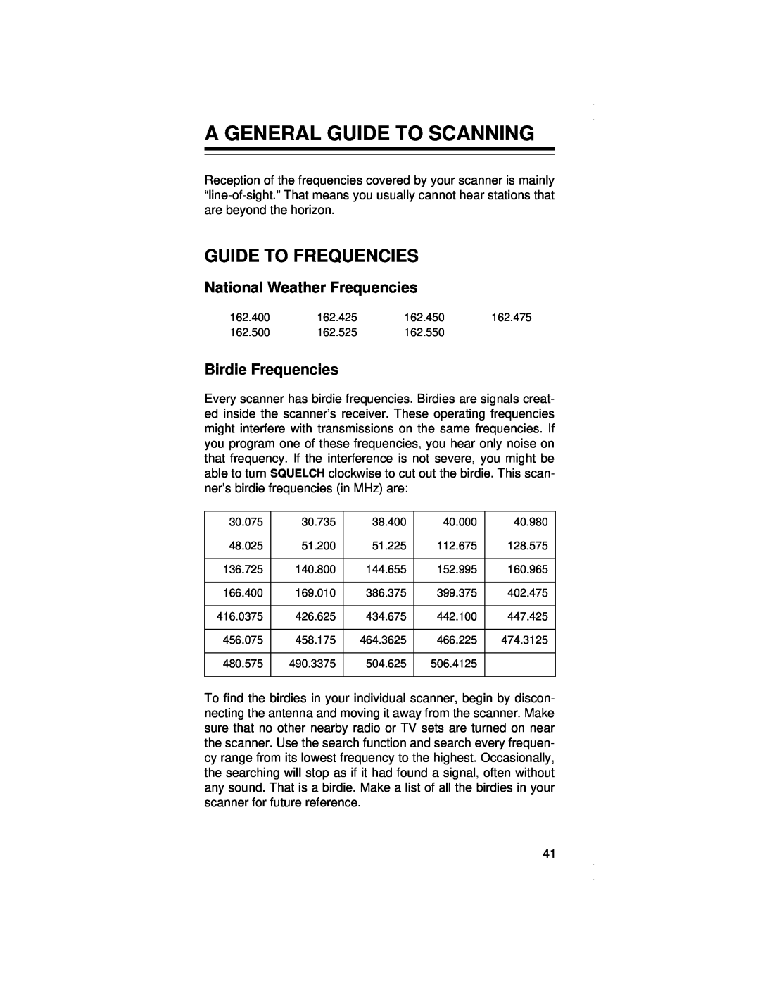 Radio Shack PRO-79 A General Guide To Scanning, Guide To Frequencies, National Weather Frequencies, Birdie Frequencies 