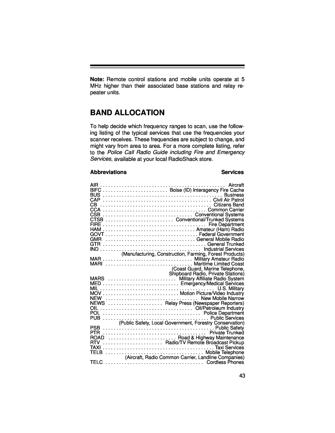 Radio Shack PRO-79 owner manual Band Allocation, Abbreviations, Services 