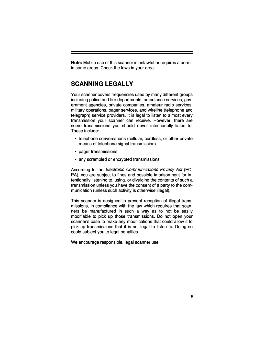 Radio Shack PRO-79 owner manual Scanning Legally 