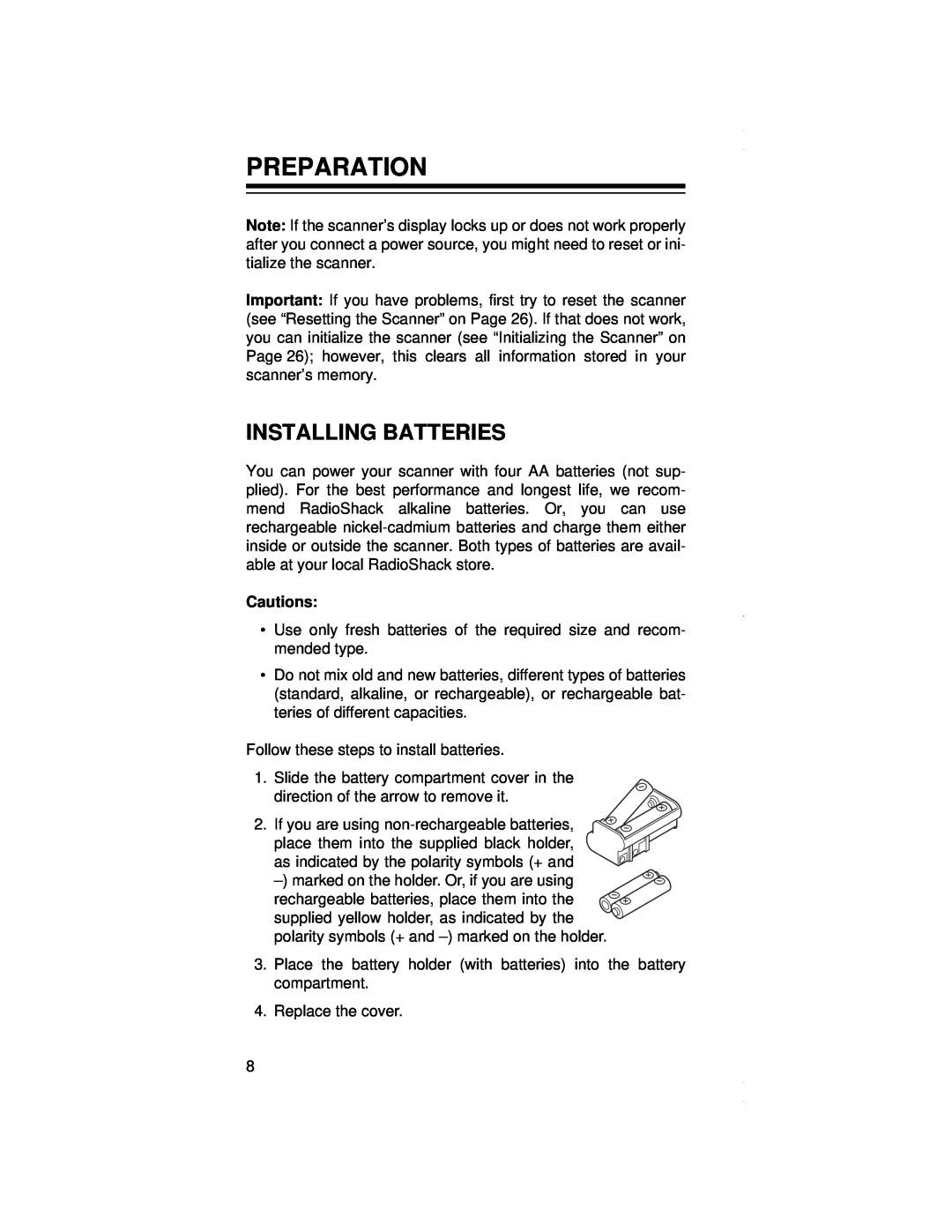 Radio Shack PRO-79 owner manual Preparation, Installing Batteries, Cautions 