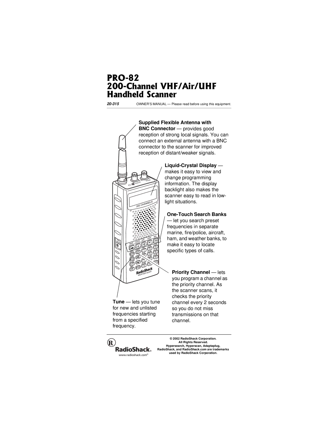 Radio Shack PRO-82 manual CPFJGNF5ECPPGT, Supplied Flexible Antenna with 