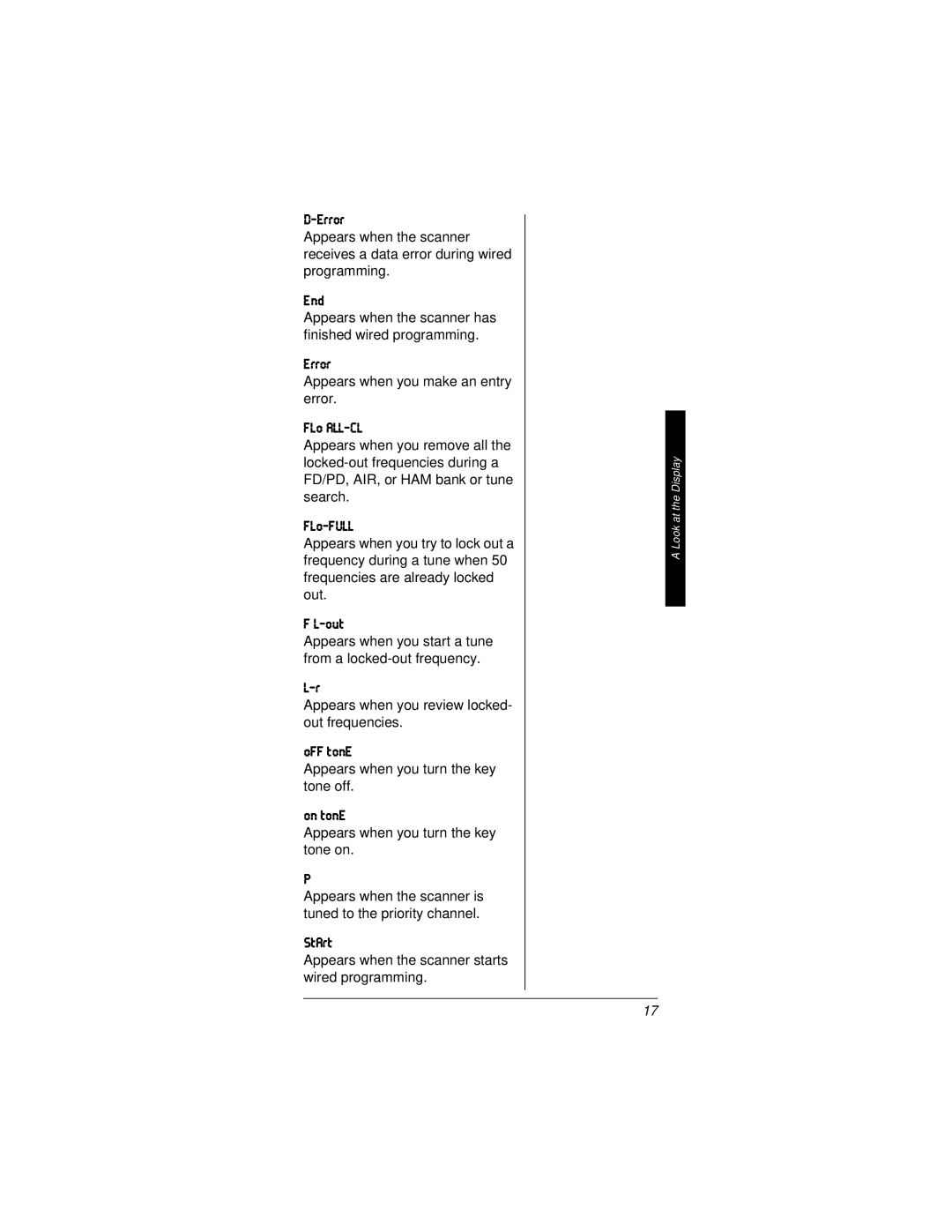 Radio Shack PRO-82 manual Appears when you make an entry error, Appears when you turn the key tone off 