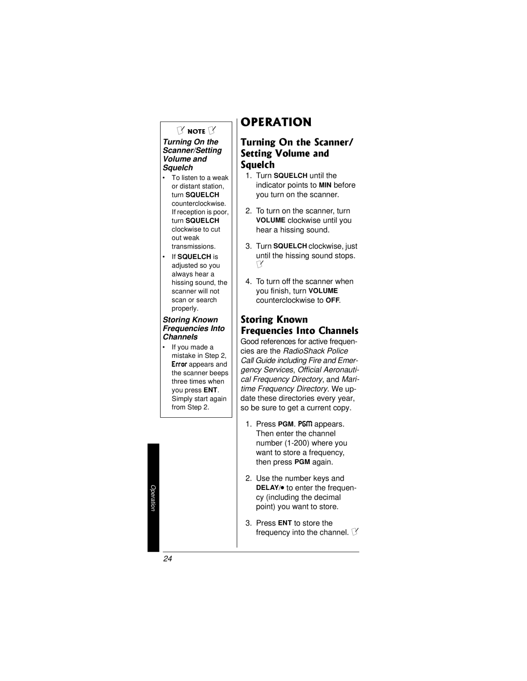 Radio Shack PRO-82 124#6+10, 5SWGNEJ, Turning On Scanner/Setting Volume Squelch, Storing Known Frequencies Into Channels 