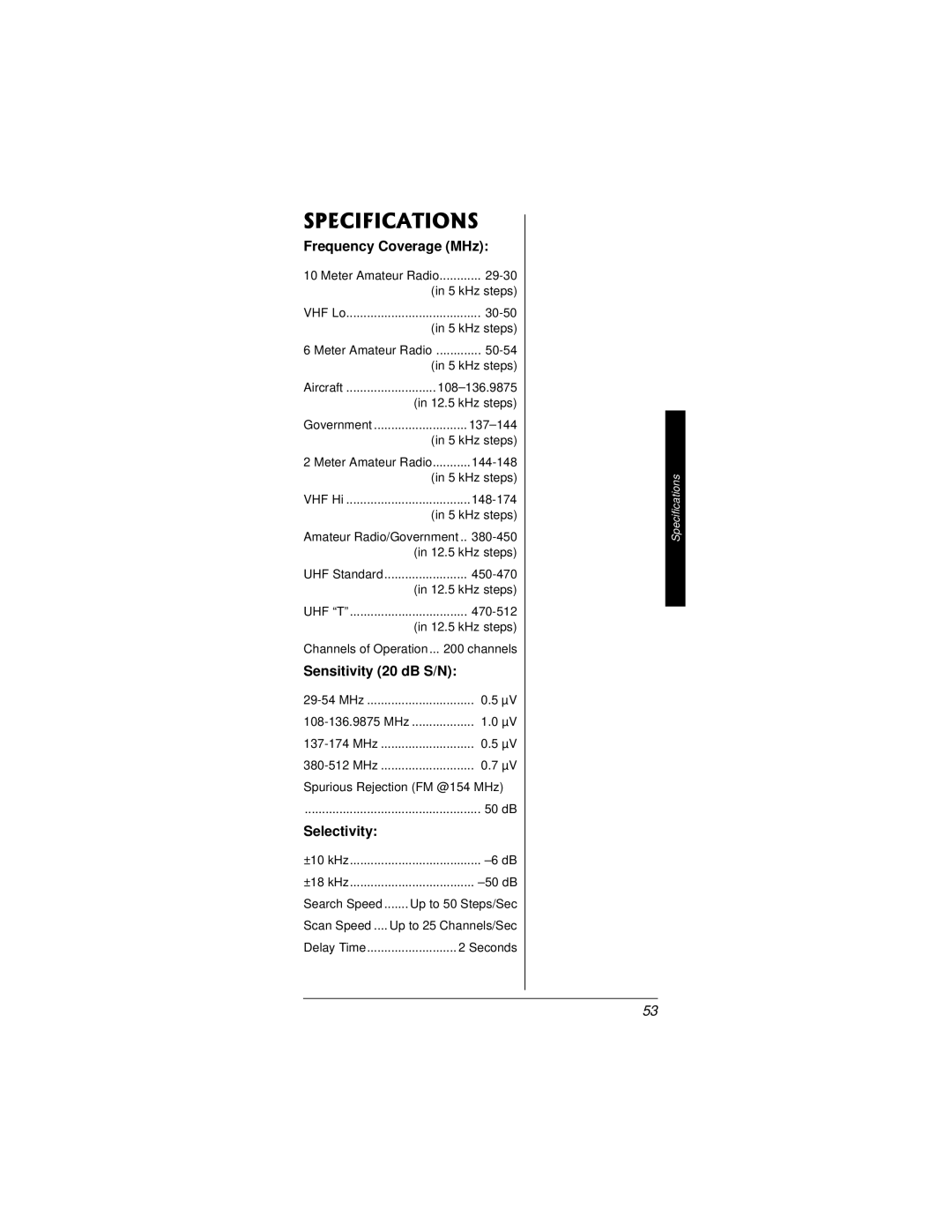 Radio Shack PRO-82 manual 52%++%#6+105, Frequency Coverage MHz, Sensitivity 20 dB S/N, Selectivity 