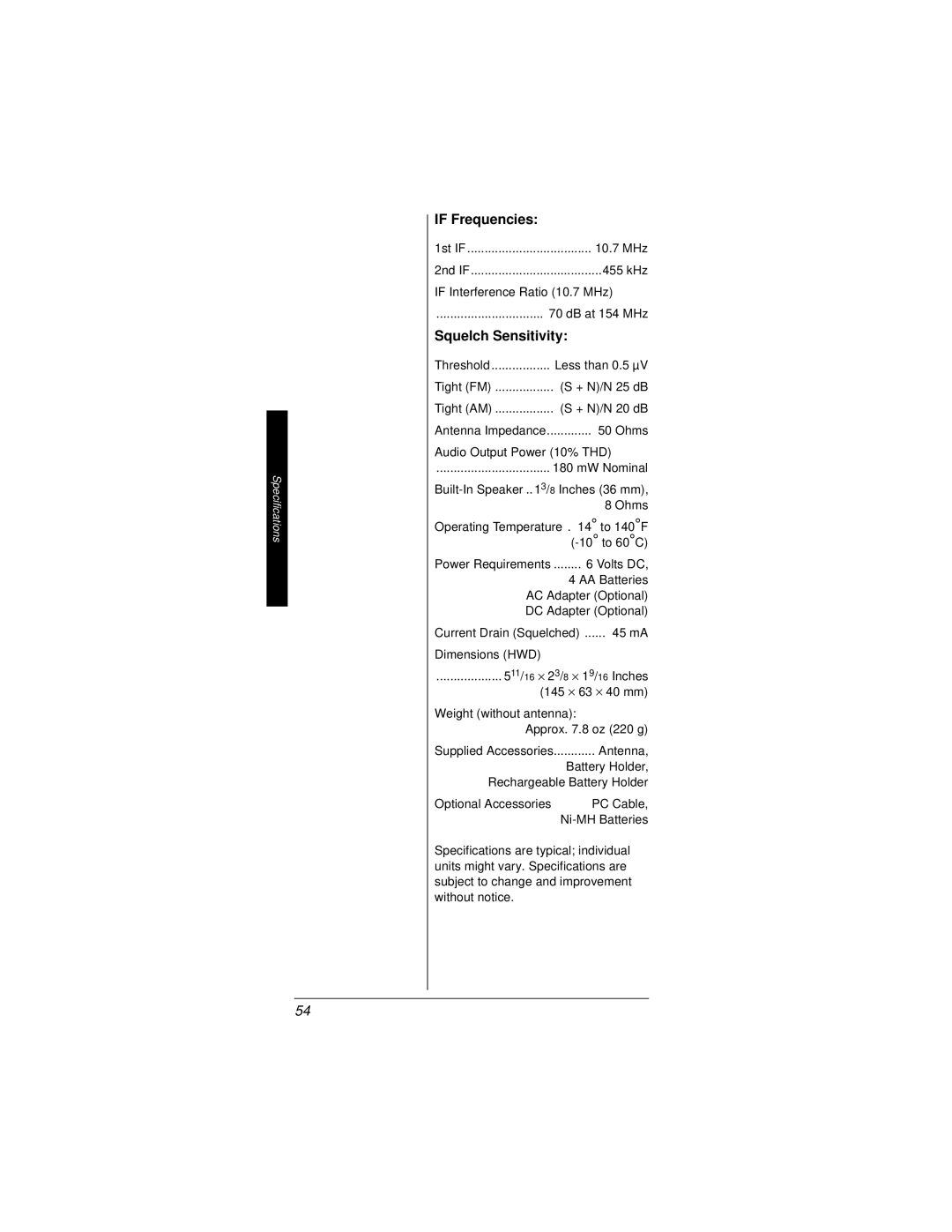 Radio Shack PRO-82 manual If Frequencies, Squelch Sensitivity 