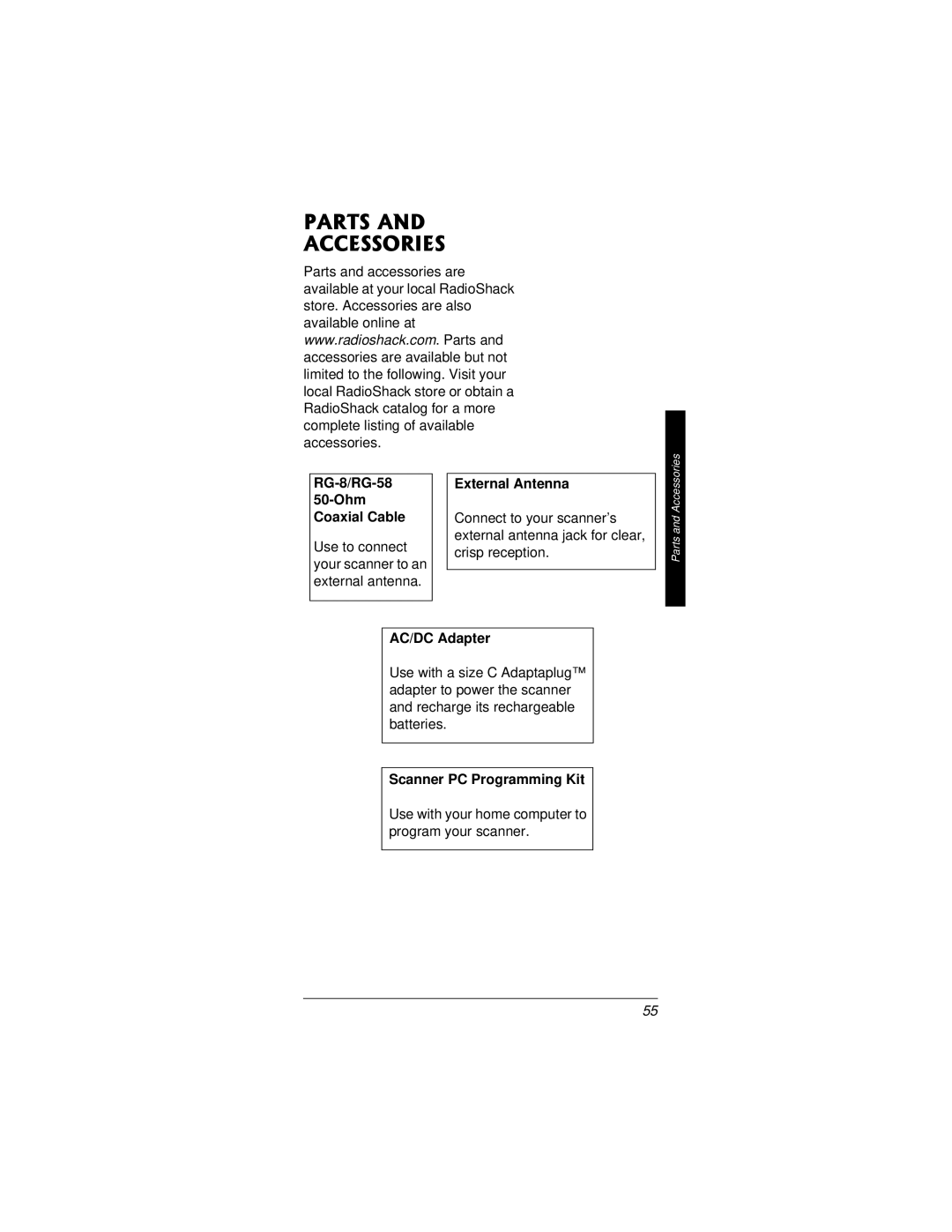 Radio Shack PRO-82 manual #465#0& #%%5514+5, RG-8/RG-58 50-Ohm Coaxial Cable, External Antenna, AC/DC Adapter 