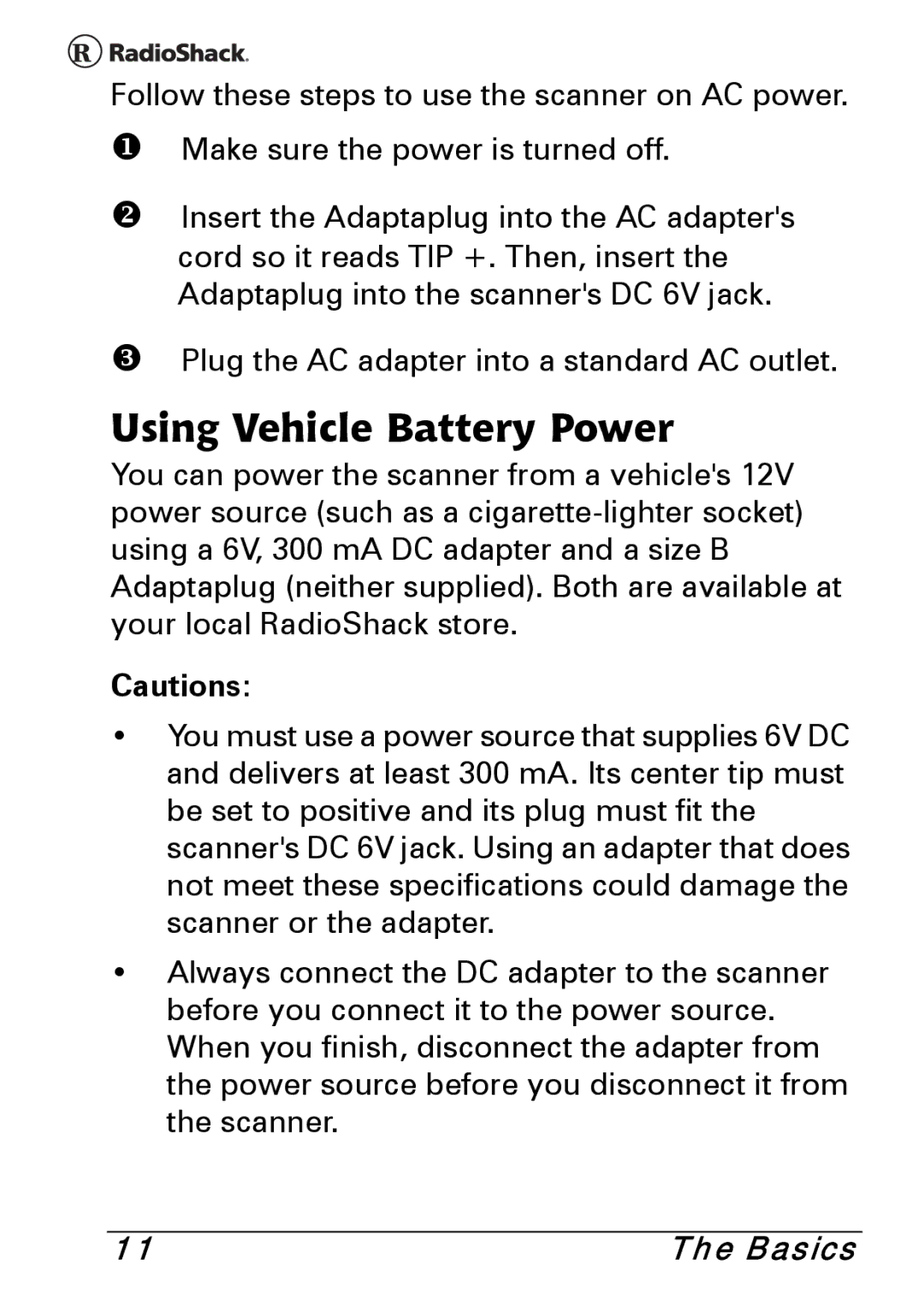 Radio Shack PRO-83 manual Using Vehicle Battery Power 