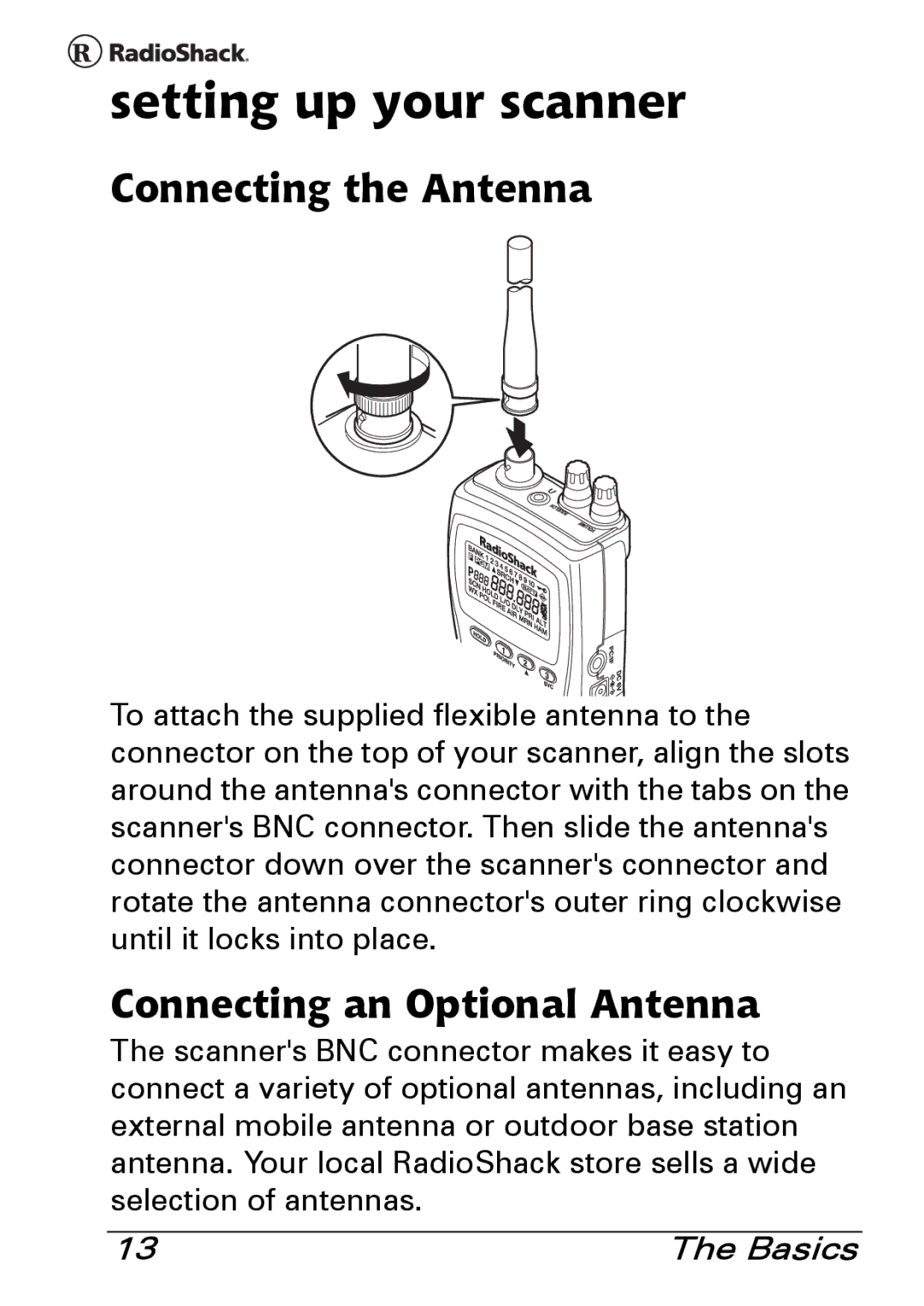 Radio Shack PRO-83 manual Setting up your scanner, Connecting the Antenna, Connecting an Optional Antenna 