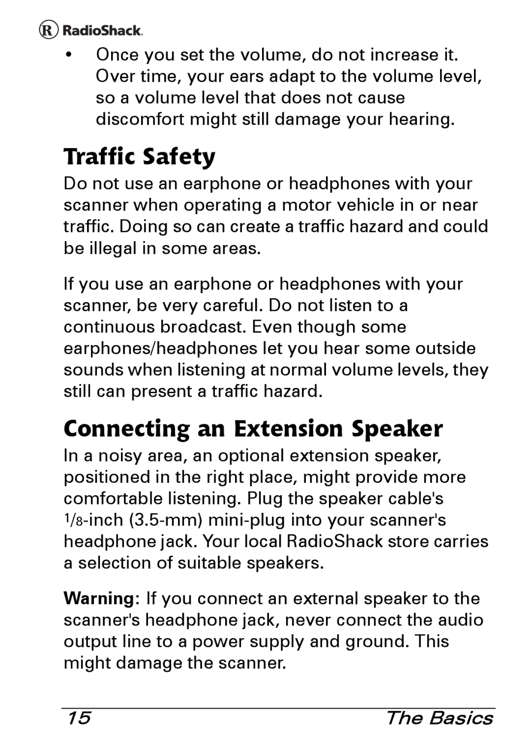 Radio Shack PRO-83 manual Traffic Safety, Connecting an Extension Speaker 