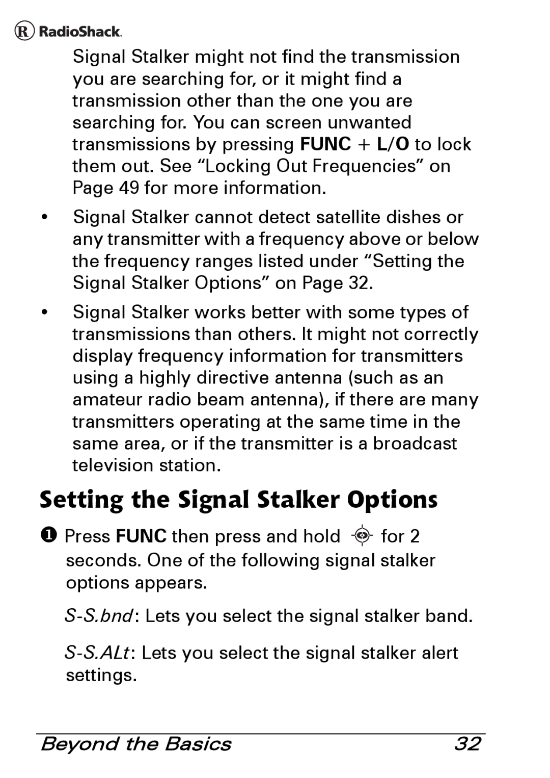 Radio Shack PRO-83 manual Setting the Signal Stalker Options 