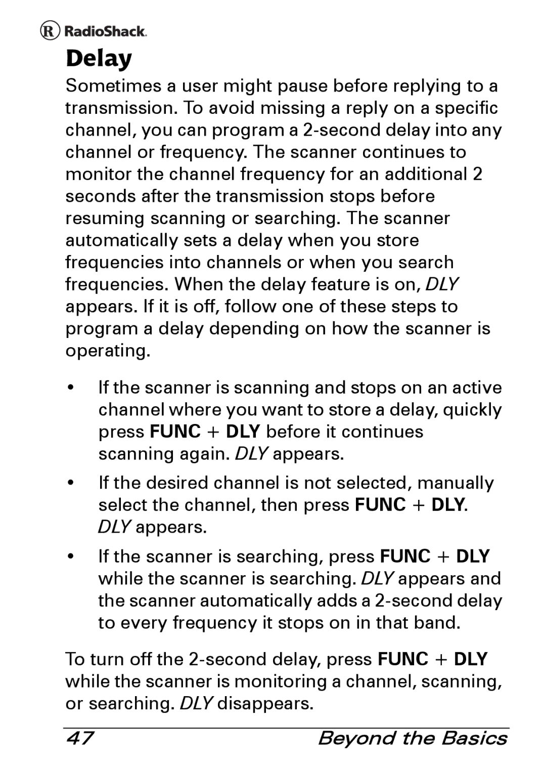 Radio Shack PRO-83 manual Delay 