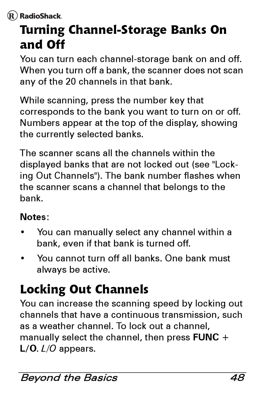 Radio Shack PRO-83 manual Turning Channel-Storage Banks On and Off, Locking Out Channels 